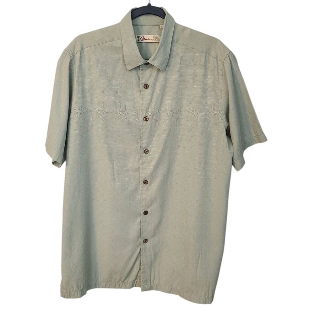 Basix Mens L Aloha Skulls Embroidered Green Camp Lounge Resort Button Down Shirt